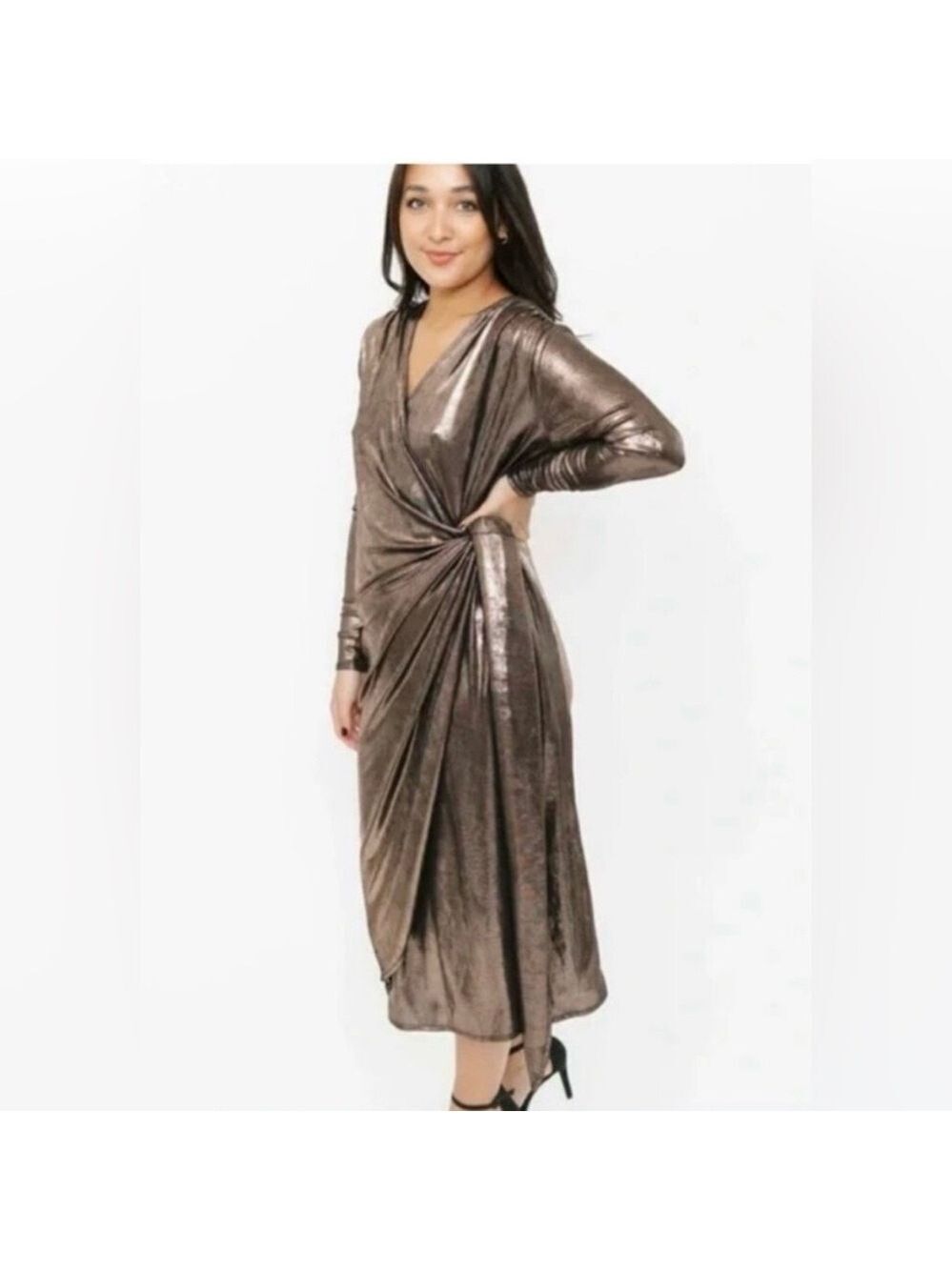 Smash+Tess Confidence Wrap Midi Dress NWT Black Metallic Size Medium NEW - Picture 2 of 11